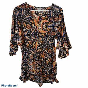 Belle Sky Size XS Romper Black Floral Flutter Sleeve Deep V-Neck Button Women’s